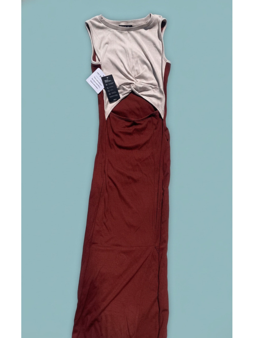OTEN TwoTone Sleeveless Cutout Twist Front Maxi Dress in Beige and Brown, Size S